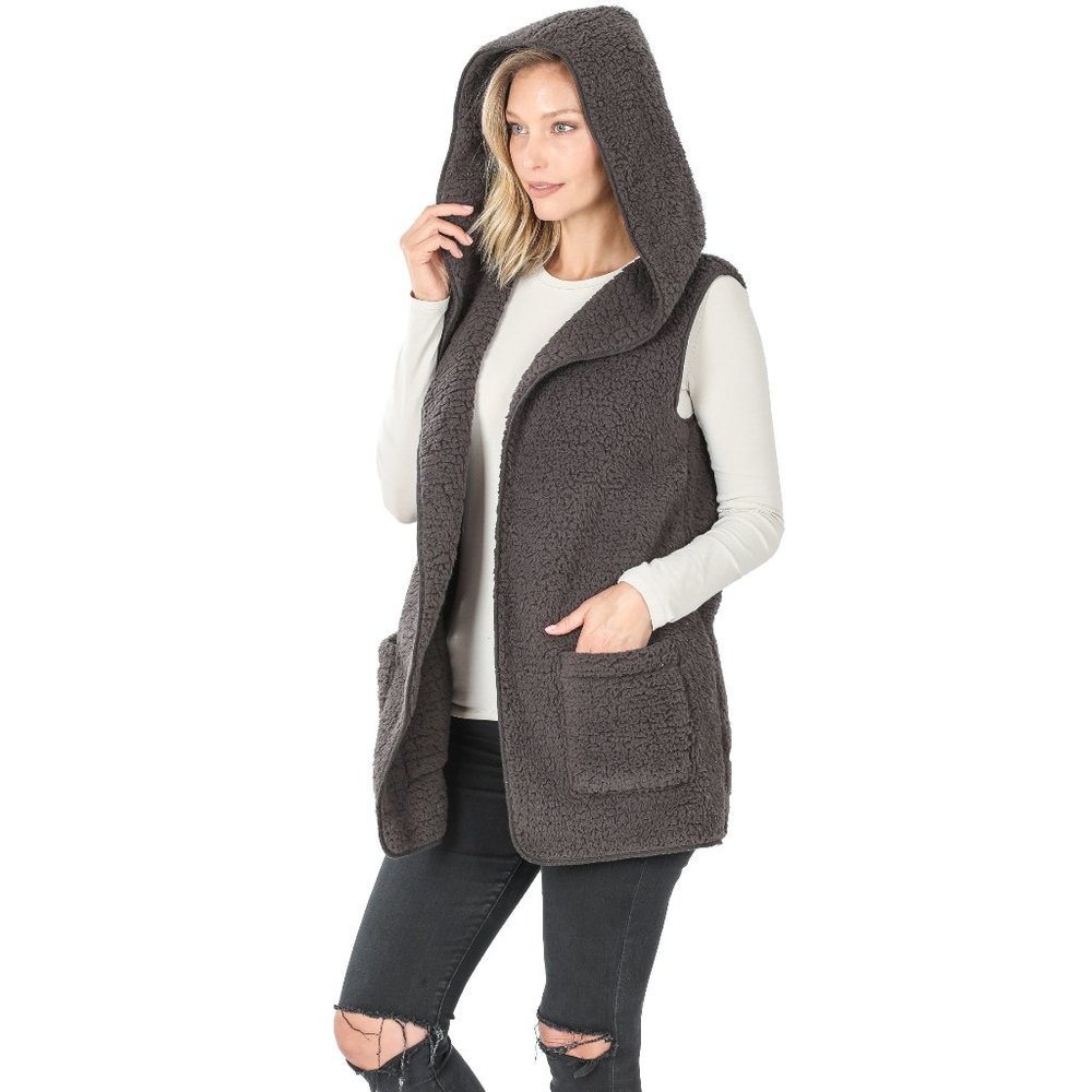 BOTH SIDES SOLID SOFT SHERPA HOODED VEST